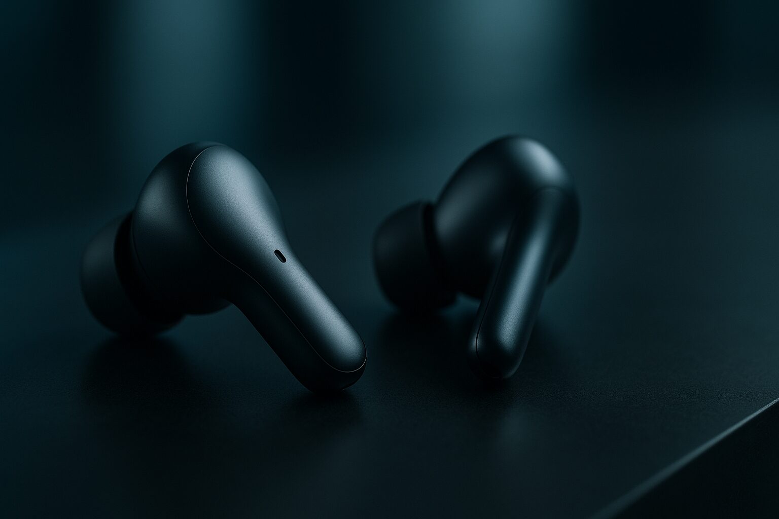pair of wireless earbuds on a table.