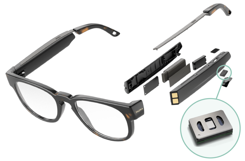 Fauna Audio Glasses exploded view highlighting MEMS speaker