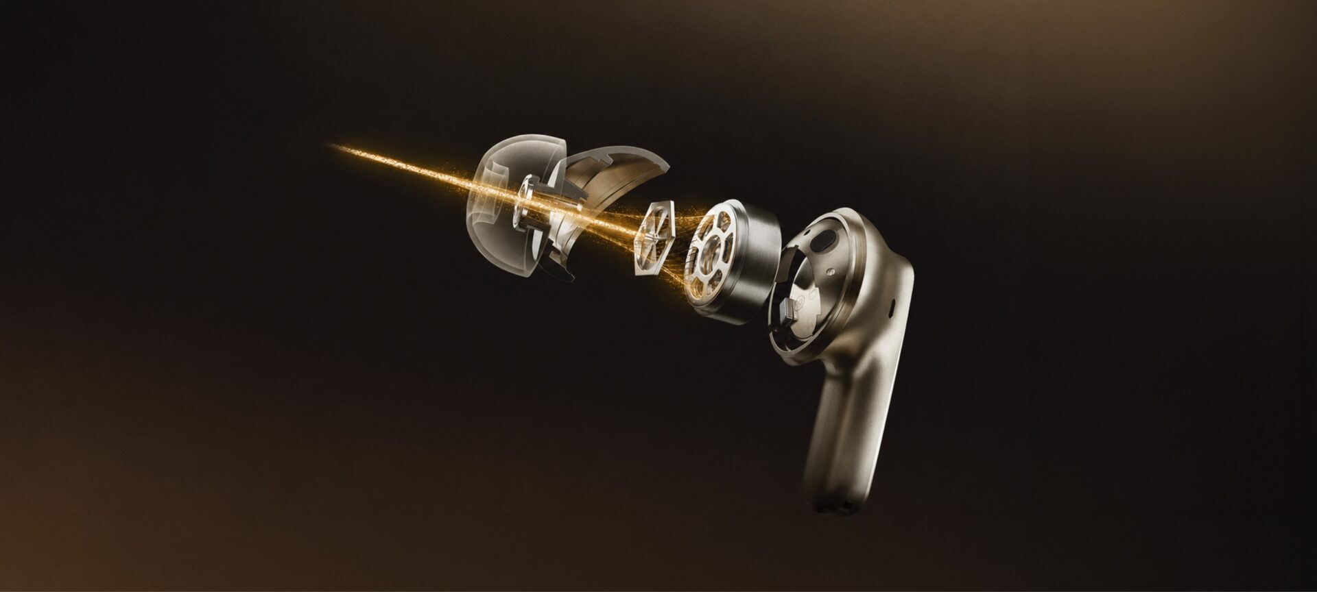 Exploded view of the QCY MeloBuds N70 earbud acoustic module, showing a hybrid dual-driver structure with a USound MEMS speaker, dynamic driver, and guided sound path.