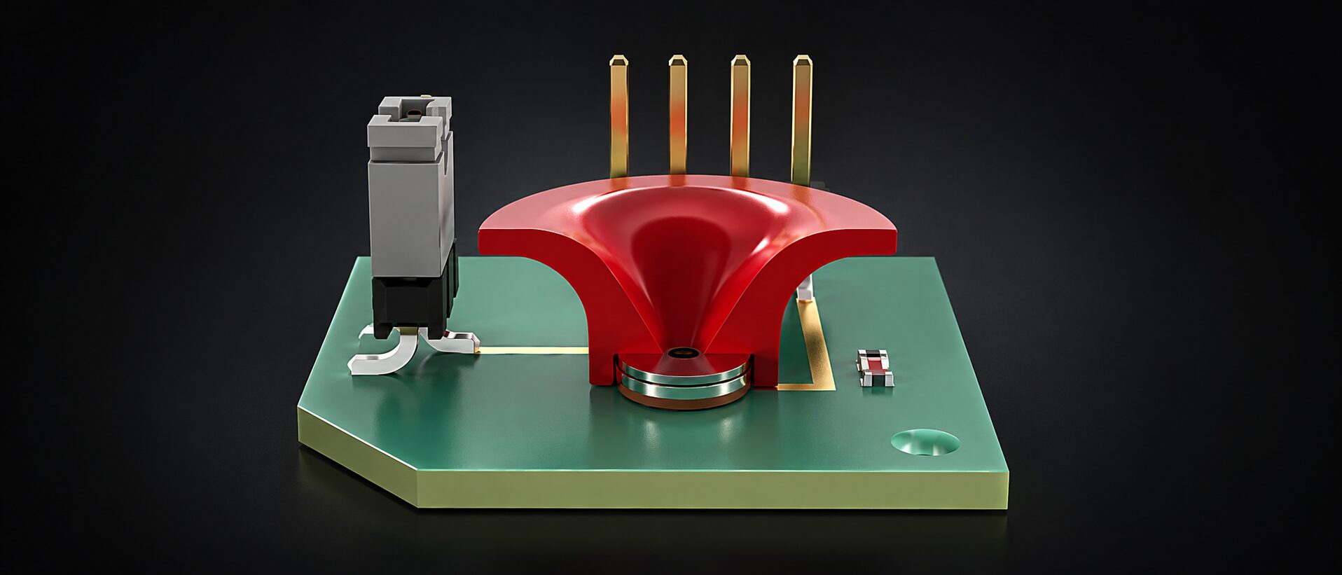 USound Conamara MEMS speaker with an acoustic horn mounted on a printed circuit board